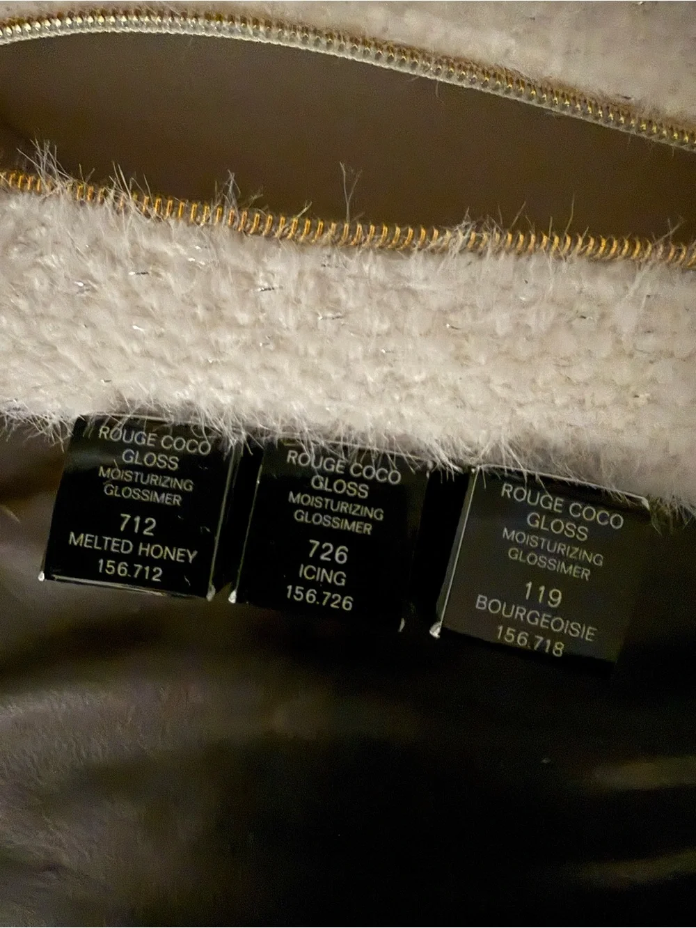CHANEL White Tweed Beauty Pouch with Gold Logo